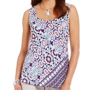 Zozo 100% Silk Sleeveless Tank Top Blue Abstract Aztec Print S
